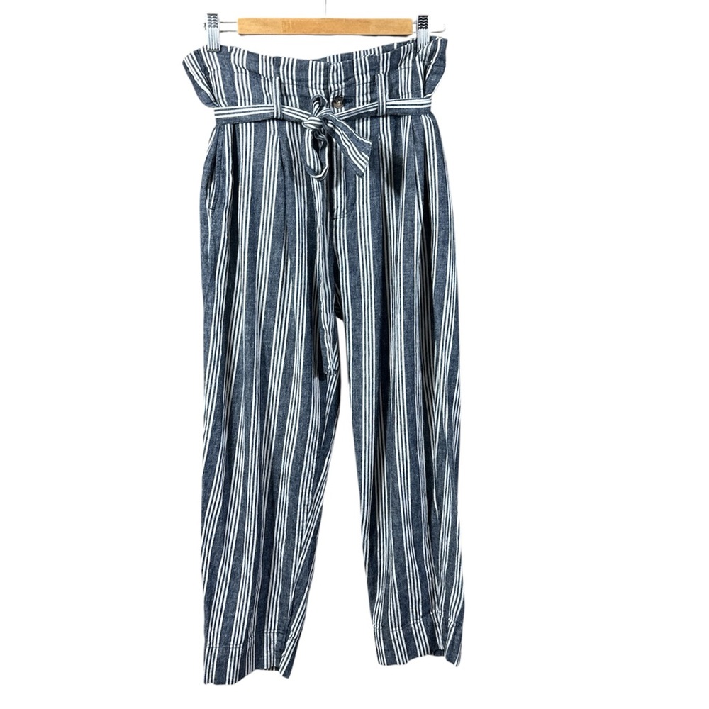 Madewell Paperbag Deep Indigo Striped Belted Linen Pants - Picture 5 of 8